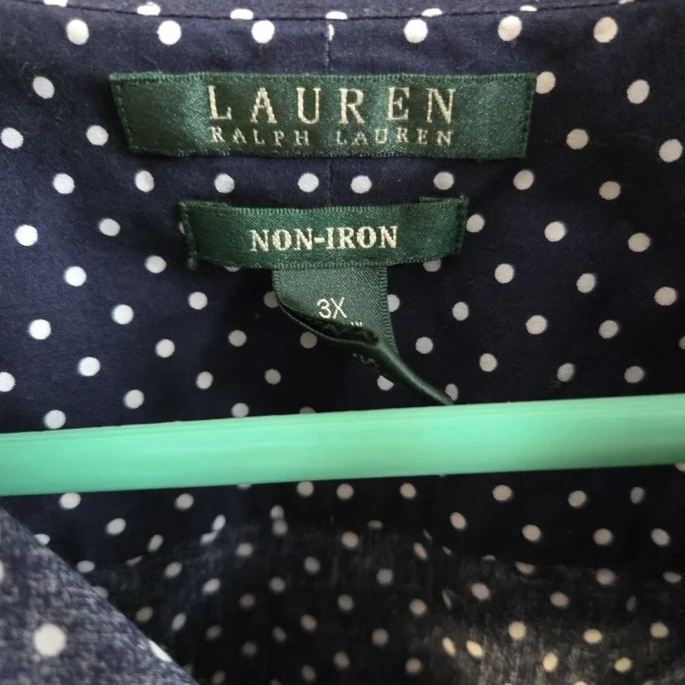Lauren Ralph Lauren Navy Polka Dot Button 3/4 Sleeve Shirt No Iron 3X Plus Size - Picture 7 of 8
